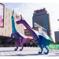 商业街不锈钢菱形恐龙雕塑 大型彩绘动物摆件